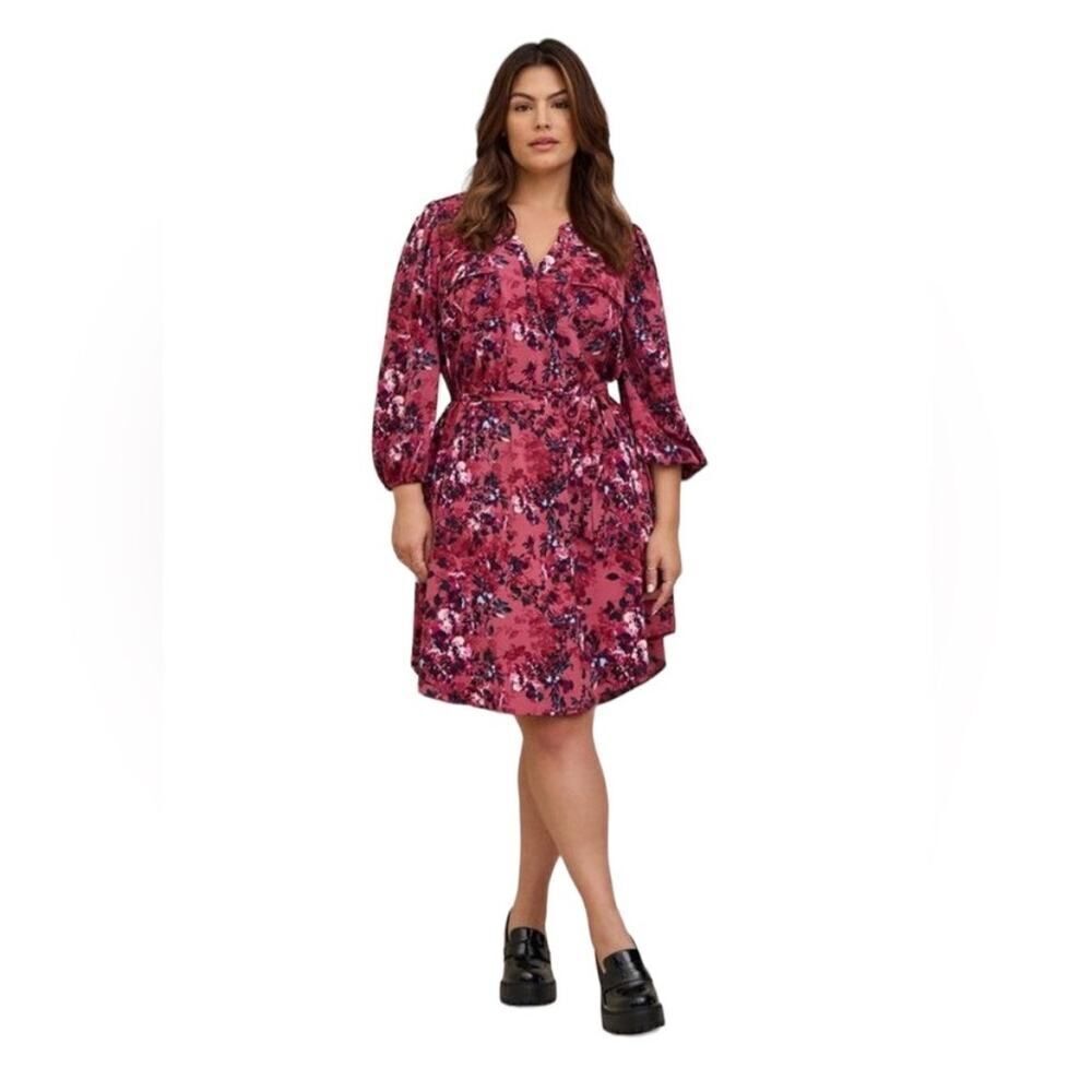 NWT Torrid Pink & Purple Floral Mini Studio Crepe de Chine Shirt Dress Size 4